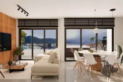 Sala de jantar com mesa de mármore, cozinha de ilha integrada e acesso à varanda com vista para o bairro — Saint Humbert II em Ingleses, Florianópolis