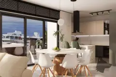 Sala de jantar integrada com cozinha de ilha, mesas brancas e varandas com vista para o bairro — Saint Humbert II em Ingleses, Florianópolis