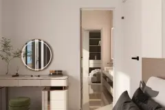 Suíte com toucador, espelho redondo iluminado e acesso ao banheiro em decoração bege minimalista — Saint Humbert II em Ingleses, Florianópolis
