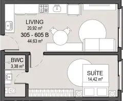 Planta baixa do apartamento 305-605 B com 44,63 m², suíte de 14,42 m², living de 20,92 m² e BWC — Saint Tropez Residence em Ingleses, Florianópolis