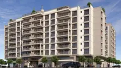 Fachada do edifício vista frontal compacta com varandas e terraço verde no topo — Saint Tropez Residence em Ingleses, Florianópolis