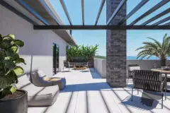 Terraço privativo com pergolado, móveis de jardim e vista para o mar e montanhas — Saint Zambelli em Ingleses, Florianópolis