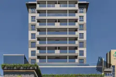 Fachada do edifício em renderização diurna em detalhe, varandas com corrimão de vidro — Saint Zambelli em Ingleses, Florianópolis