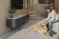 Sala de estar com mulher e cachorro golden retriever, rack de TV e cozinha integrada — Saint Zambelli em Ingleses, Florianópolis