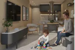 Sala de estar com mãe e criança brincando com blocos coloridos, TV e cozinha integrada ao fundo — Saint Zambelli em Ingleses, Florianópolis
