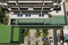 Vista aérea do telhado do edifício com piscina, espreguiçadeiras e jardins — Saint Zambelli em Ingleses, Florianópolis