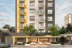 Fachada frontal do STA4, torre de 9 andares bicolor cinza e amarelo com lojas no térreo e varandas arredondadas — Santa 4 em Santa Mônica, Florianópolis