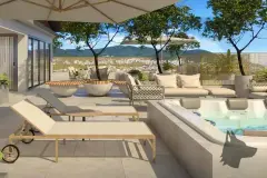 Área de lazer no rooftop com espreguiçadeiras, hidromassagem, sofá e vista para as montanhas de Florianópolis — Santa 4 em Santa Mônica, Florianópolis