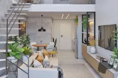 Sala de estar de duplex com escada metálica, sofá, mesa de jantar, prateleiras e cozinha integrada — Santa 4 em Santa Mônica, Florianópolis