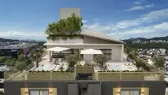 Vista aérea do rooftop do STA4 com duas hidromassagens, espreguiçadeiras e jardim — Santa 4 em Santa Mônica, Florianópolis