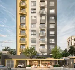 Fachada completa do STA4 em renderização, torre alta bicolor cinza e amarelo com loja e jardim no térreo — Santa 4 em Santa Mônica, Florianópolis