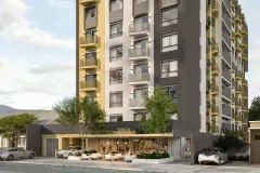 Fachada lateral em renderização diurna com varandas arredondadas amarelas e loja no térreo — Santa 4 em Santa Mônica, Florianópolis
