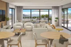 Rooftop ao amanhecer com duas hidromassagens, espreguiçadeiras, guarda-chuvas e vista para montanhas — Santa 4 em Santa Mônica, Florianópolis