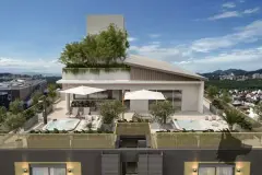Cozinha com bancada branca, armários cinza, revestimento de tijolinhos, fogão, forno, geladeira e máquina de lavar — Santa 4 em Santa Mônica, Florianópolis