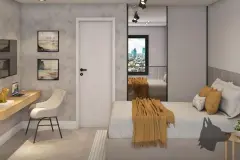 Sala de estar com sofá cinza, prateleiras iluminadas, TV, mesa de jantar com banquetas e cozinha integrada — Santa 4 em Santa Mônica, Florianópolis
