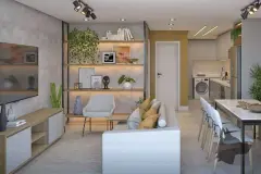 Sala de estar com sofá bege e almofadas verdes, cozinha integrada com prateleiras amadeiradas — Santa 4 em Santa Mônica, Florianópolis