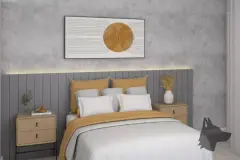 Quarto de loft no mezanino com cama de casal, guarda-roupa espelhado, parede amarela e grades de proteção — Santa 4 em Santa Mônica, Florianópolis