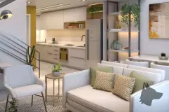 Studio com cama de casal, sofá, mesa de trabalho, prateleiras e área de cozinha com adega — Santa 4 em Santa Mônica, Florianópolis