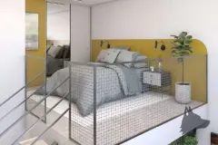 Studio com cama de casal, sofá, prateleiras e cozinha integrada em ambiente compacto — Santa 4 em Santa Mônica, Florianópolis
