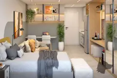 Studio compacto com cama de casal, sofá, mesa de trabalho, prateleiras e cozinha integrada — Santa 4 em Santa Mônica, Florianópolis