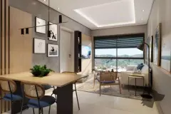 Sala de estar integrada à cozinha com mesa de jantar, sofá, TV e janela com vista para morros — Seleto Carlessi em Trindade, Florianópolis