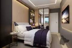 Quarto casal com cama de casal, painel de madeira com nicho, guarda-roupa espelhado e iluminação embutida — Seleto Carlessi em Trindade, Florianópolis