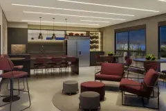 Salão gourmet com bancada, cadeiras de bar cor de vinho, mesa de jantar redonda e TV — Seleto Carlessi em Trindade, Florianópolis