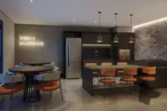 Espaço Beer and Barbecue com churrasqueira, bancada alta com cadeiras laranja e mesas redondas — Seleto Carlessi em Trindade, Florianópolis