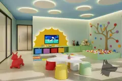 Brinquedoteca com TV, estante de brinquedos colorida, piscina de bolinhas e mesa infantil — Seleto Carlessi em Trindade, Florianópolis