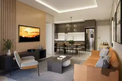 Sala de estar integrada à cozinha com sofá de couro, TV, mesa de jantar e geladeira — Seleto Carlessi em Trindade, Florianópolis