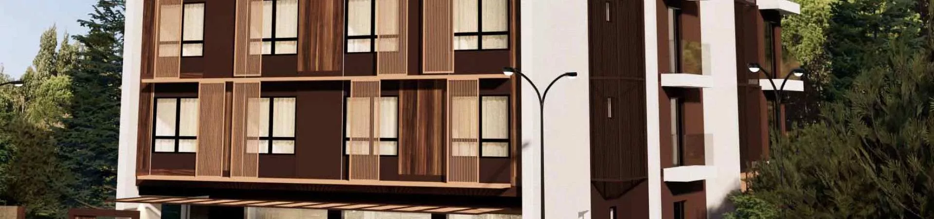Fachada do edifício em perspectiva lateral, 8 andares com revestimento marrom chocolate e ripas de madeira nas janelas — Smart 1 Trindade em Trindade, Florianópolis