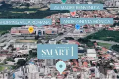 Mapa aéreo com localização do empreendimento e pontos de referência como Shopping Villa Romana e Angeloni Santa Mônica — Smart 1 Trindade em Trindade, Florianópolis