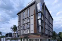 Fachada do edifício em perspectiva com ripas de madeira no elemento central e palmeiras — Solis em Ingleses, Florianópolis
