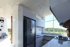 Cozinha com armários brancos, geladeira inox, bancada de mármore e janela com vista para área verde — Solis em Ingleses, Florianópolis