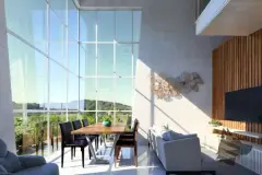 Sala de estar de pé direito duplo com parede de vidro, mesa de jantar, sofá e escultura decorativa — Solis em Ingleses, Florianópolis