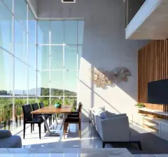 Sala de estar de pé direito duplo com parede de vidro, mesa de jantar, sofá e TV embutida — Solis em Ingleses, Florianópolis