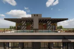 Render do rooftop com piscina, pergola estrutural de ripas e área de lazer coberta — Sungarden Beach Home em Cachoeira do Bom Jesus, Florianópolis