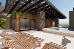 Área do rooftop com espreguiçadeiras de madeira, pergola e piscina ao fundo — Sungarden Beach Home em Cachoeira do Bom Jesus, Florianópolis