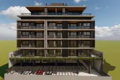 Render traseiro do edifício com garagem no térreo, varandas e cobertura de rooftop — Sungarden Beach Home em Cachoeira do Bom Jesus, Florianópolis