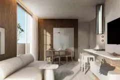 Studio integrado com sofá bege, mesa de jantar redonda, cozinha americana e coifa cilíndrica — Terracota em Morro das Pedras, Florianópolis