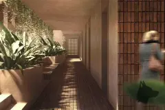 Corredor externo com piso de tijolo, jardim de bananeiras e tela geométrica ao fundo — Terracota em Morro das Pedras, Florianópolis