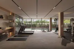 Academia com esteiras, bicicleta, aparelhos de musculação e janela com vista para a piscina — Torres do Porto em Estreito, Florianópolis