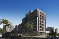 Fachada lateral do edifício com 8 andares, duas torres e jardim frontal — Torres do Porto em Estreito, Florianópolis