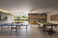 Sala de jogos com mesa de ping-pong, mesa de sinuca, TV e cozinha gourmet ao fundo — Torres do Porto em Estreito, Florianópolis