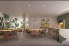 Salão de festas com mesas redondas, cadeiras, balcão de granito e cozinha verde integrada — Torres do Porto em Estreito, Florianópolis