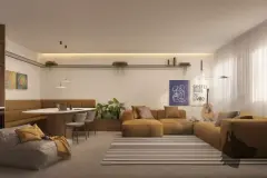 Sala de estar com sofá caramelo em L, mesa de jantar, quadros e varanda — Torres do Porto em Estreito, Florianópolis