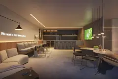 Beer hall noturno com sofá branco, bar com banquetas, TV e frases em neon — Torres do Porto em Estreito, Florianópolis