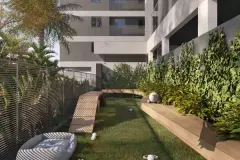 Pet place com gramado, passarela de madeira, cama de cão e jardim vertical — Torres do Porto em Estreito, Florianópolis