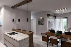 Cozinha integrada com ilha em mármore, cooktop, mesa de jantar de madeira e lustre de cristal — Tramonto em Ingleses, Florianópolis