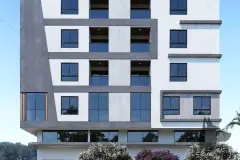 Detalhe do topo do edifício com fachada de concreto e ripas de madeira — Tramonto em Ingleses, Florianópolis